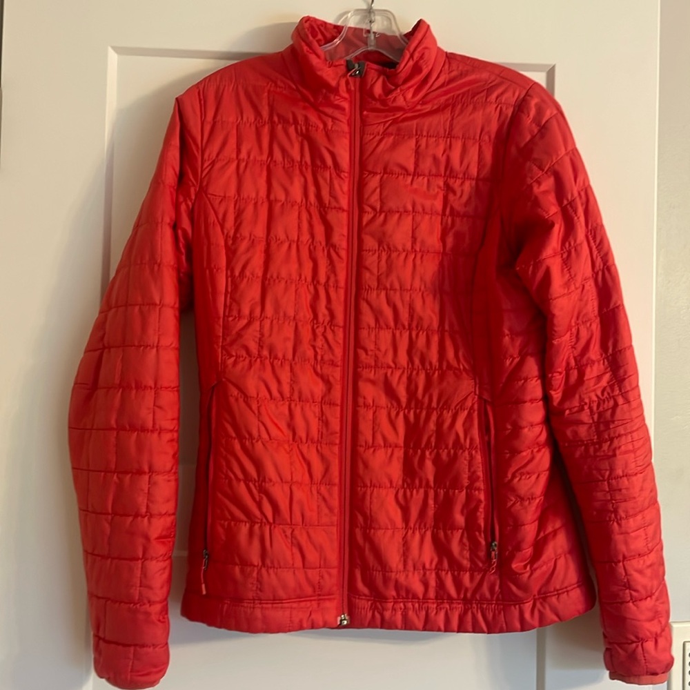 Patagonia Nano Puff jacket burnished red with purplee inside